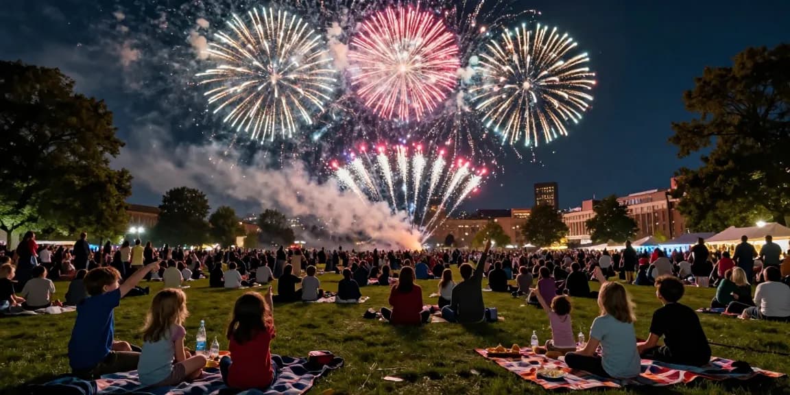Manchester fireworks illuminating the sky during a community celebration, families enjoying the festive atmosphere.