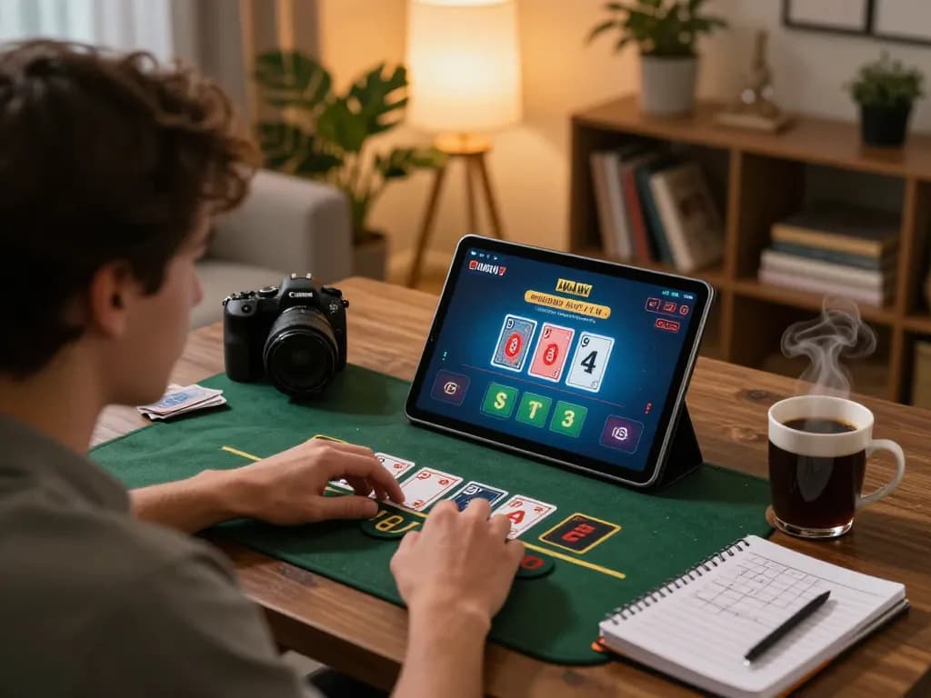 Player using tablet for blackjack at home, showcasing engaging online gambling with king garuda theme