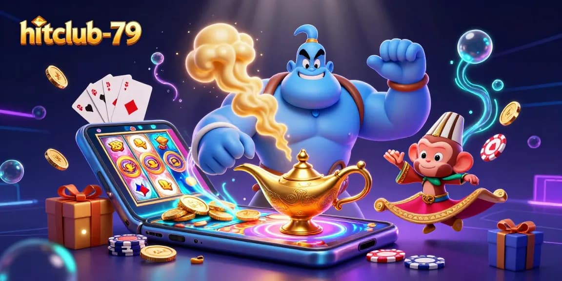 Engage in thrilling games at hitclub-79 with a vibrant 3D scene featuring a genie, monkey, and slot game elements.