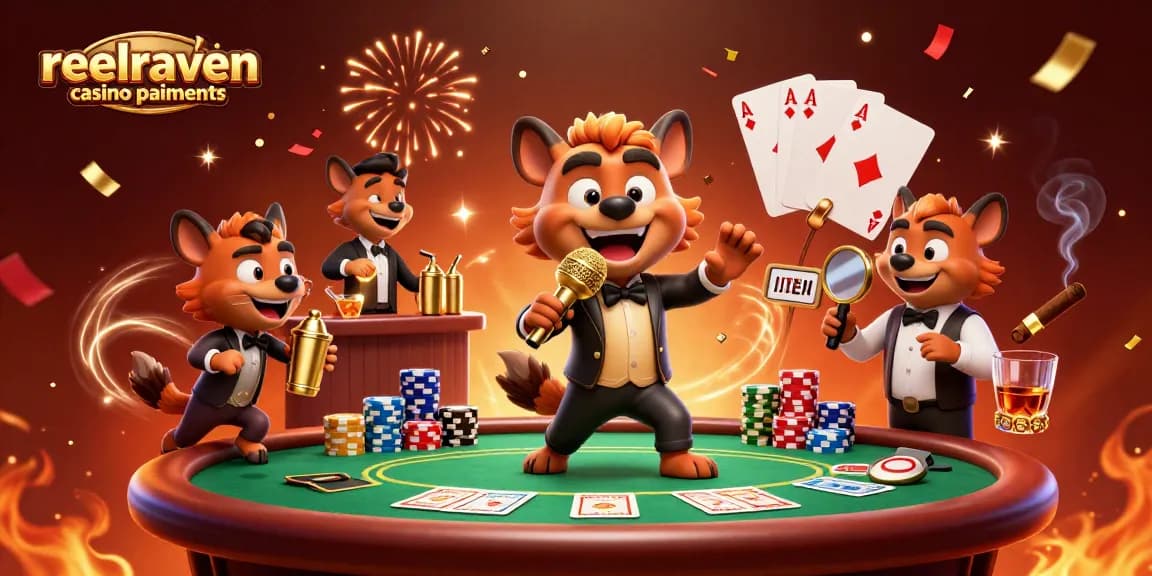 Paiements ReelRaven : hyènes jouant dans un casino animé, poker et ambiance festive