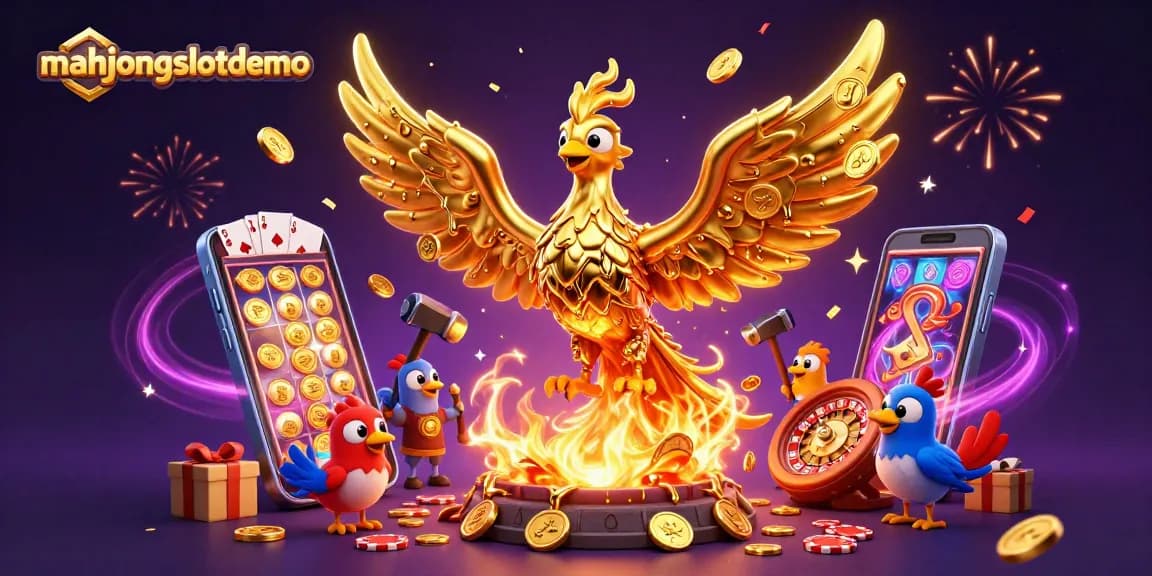 Experience winning action in mahjongslotdemo with a dynamic phoenix surrounded by colorful casino elements.