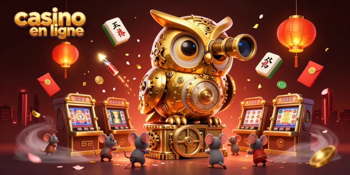 Jouez à des jeux excitants de casino en ligne avec un hibou doré et des souris sur un sol de casino.
