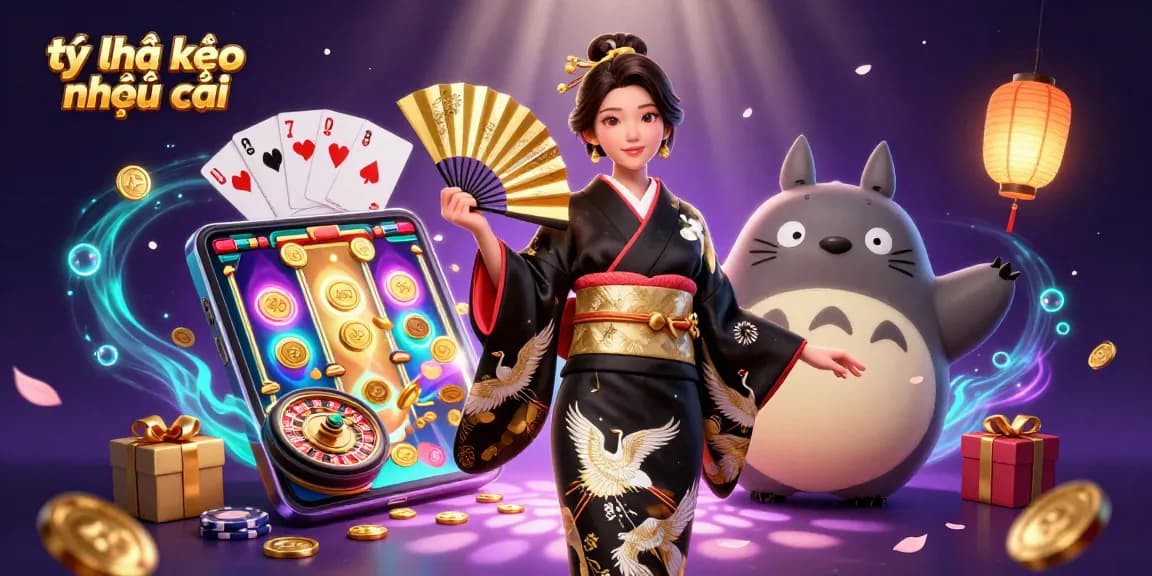 Experience the excitement of tỷ lệ kèo nhà cái with vibrant casino elements and 3D characters in this stunning illustration.