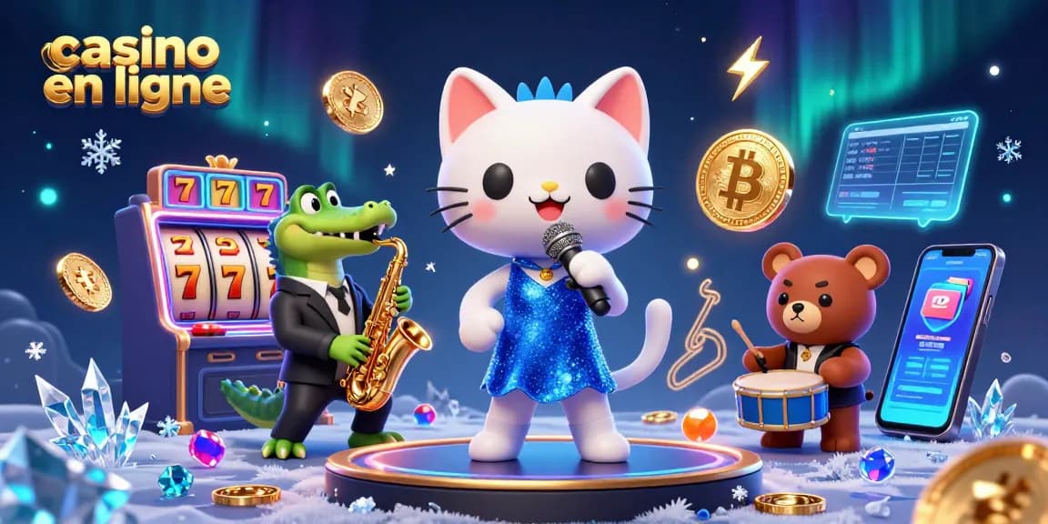 Jouez au casino en ligne avec des personnages animés entourés de pièces de cryptomonnaie et de machines à sous.