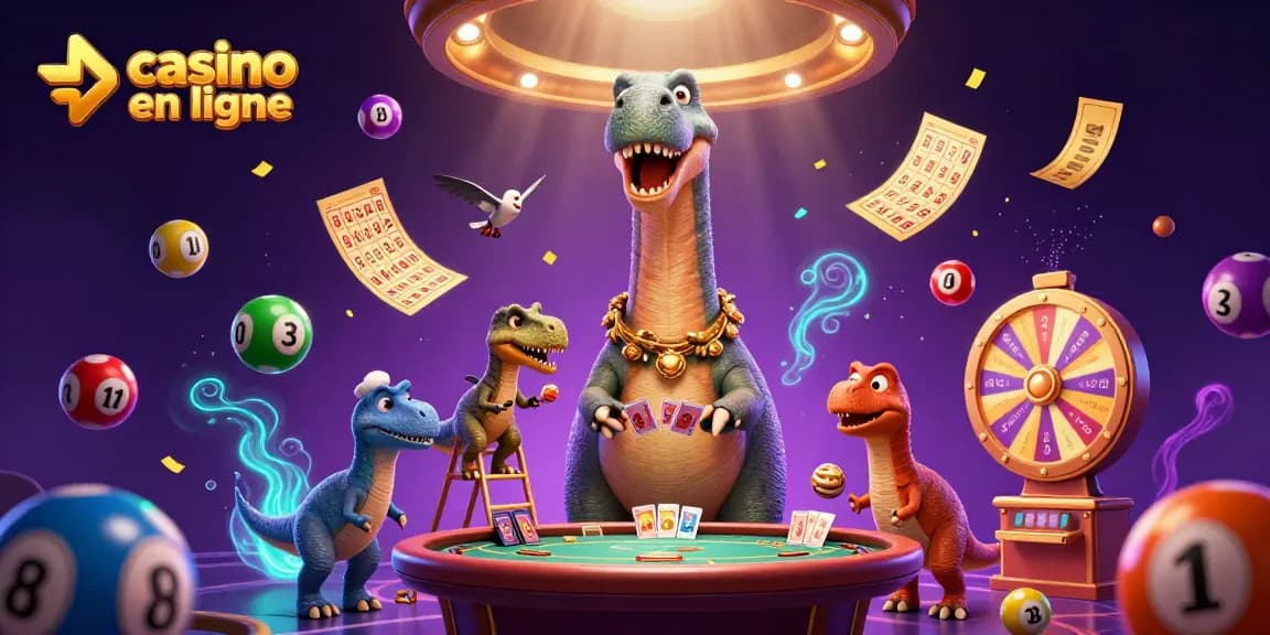 Plongez dans l'univers du casino en ligne avec un brontosaurus géant transmettant des cartes dans un casino fou.