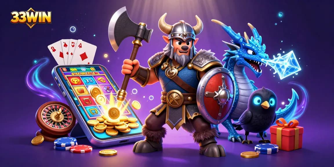 33WIN showcases a captivating 3D scene featuring cartoon Viking wolf warrior, dragon, and raven amidst dynamic casino elements.