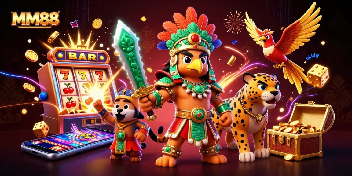 Win big with MM88's explosive slot action featuring Aztec warriors and vibrant casino elements.