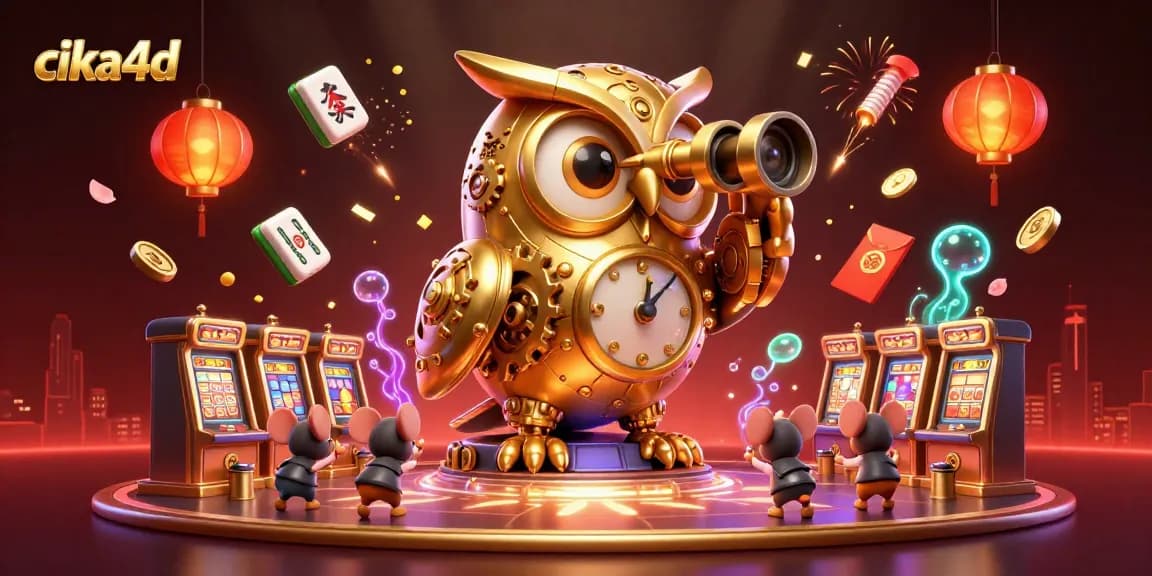 Engage with cika4d’s vibrant casino atmosphere featuring a whimsical illustration of an owl and mice amidst gaming elements.