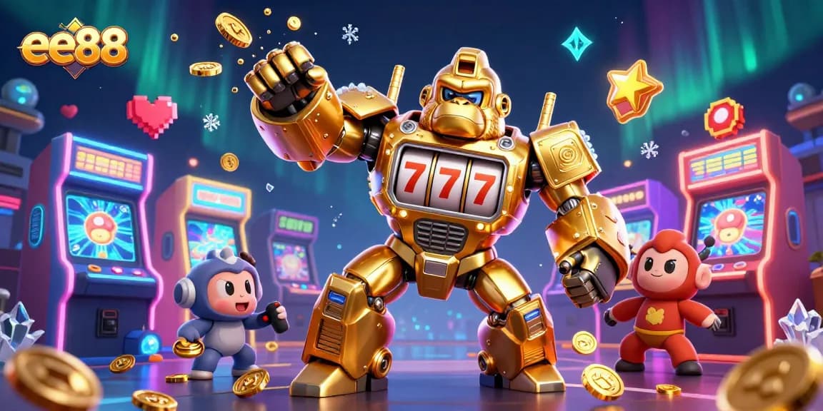 Play exciting games at ee88 with a dynamic 3D illustration showcasing vibrant casino elements.