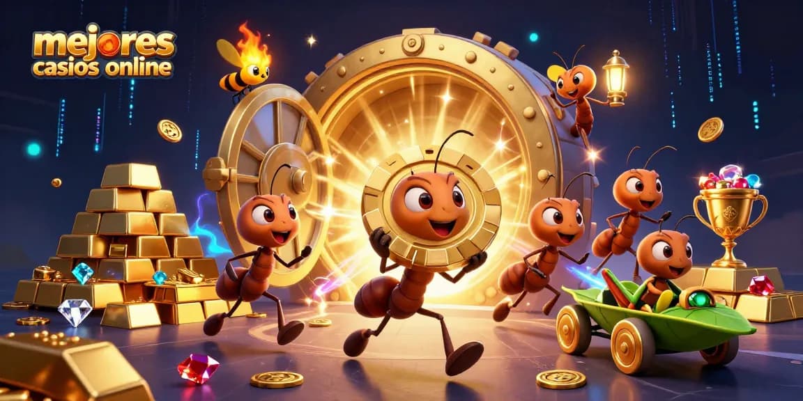 Corriendo en un túnel, un equipo de hormigas lleva un chip de póker gigante en los mejores casinos online.