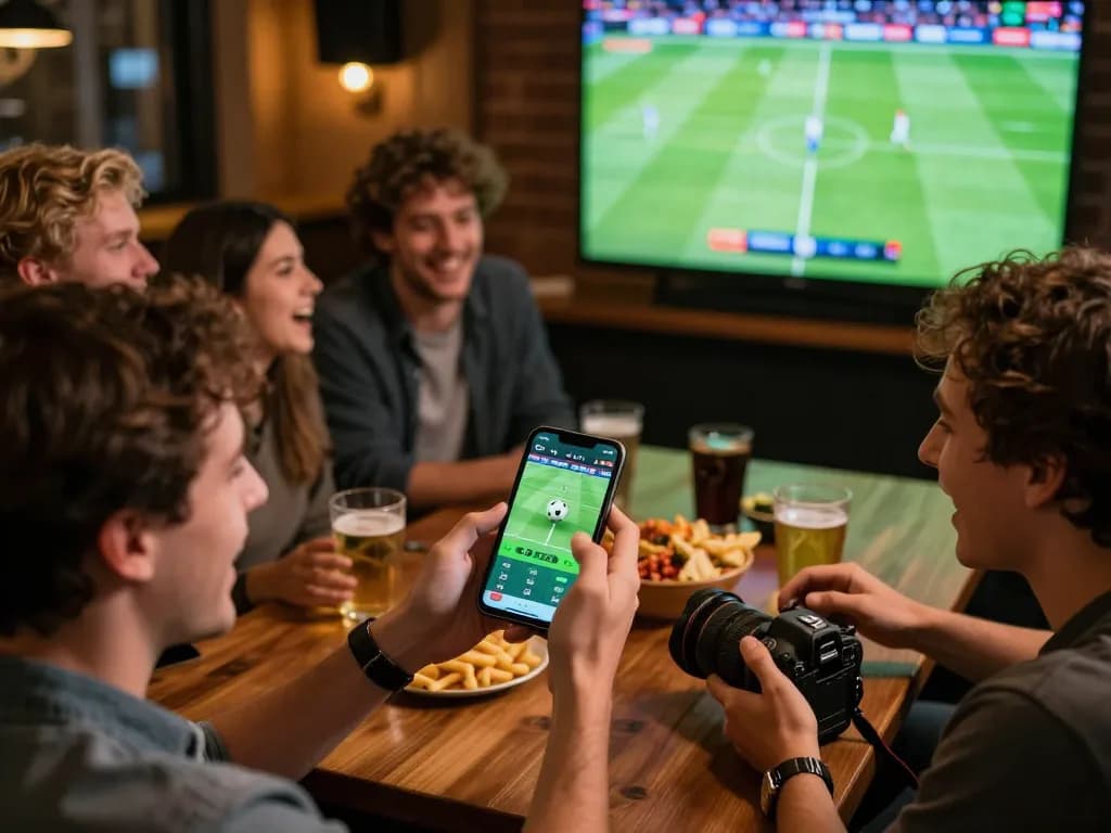Engaged user placing bets on keobongda app during a live football match in a vibrant sports bar.