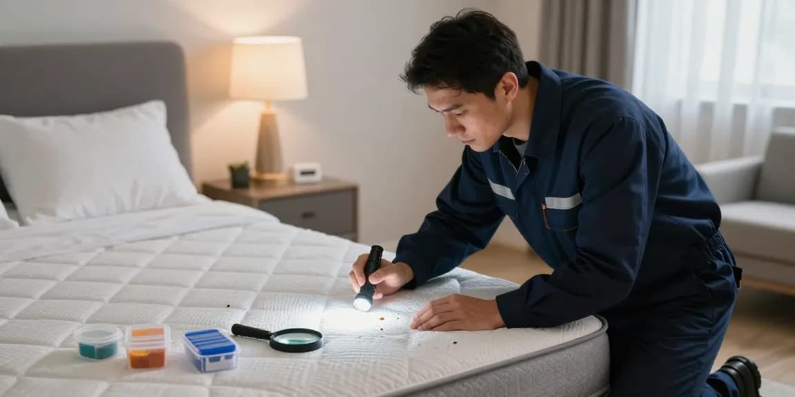 Bed bug exterminators professionally inspecting a bedroom for signs of infestation.