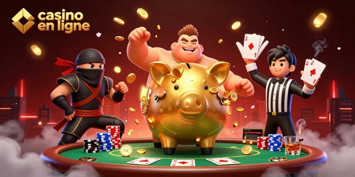 Action palpitante au casino en ligne avec un sumo et un ninja dans un décor coloré.