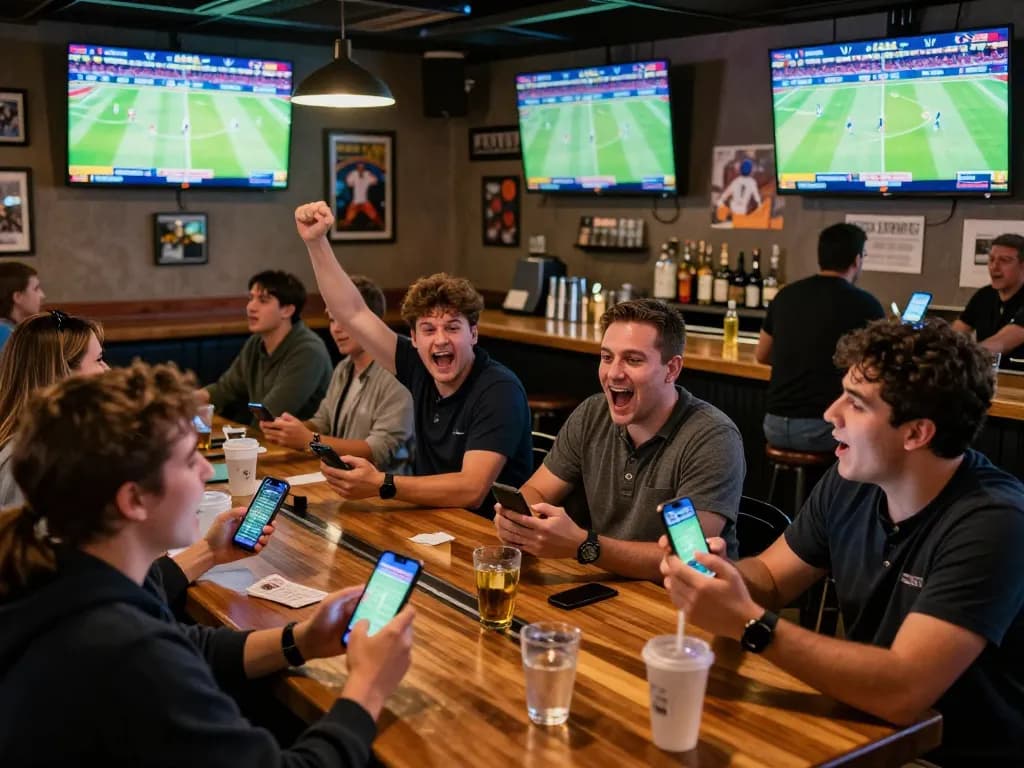 Excited guests at a sports bar engaging with 8xbet betting app during live match.