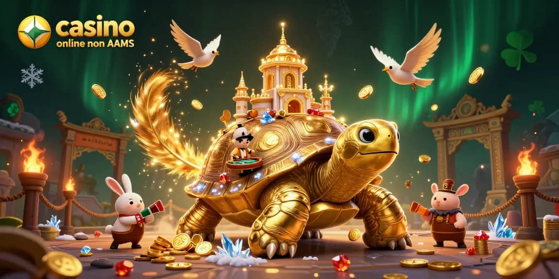 Vivi un gameplay vibrante nei casino online non AAMS con una scena di casino della tartaruga dorata piena di elementi esotici.