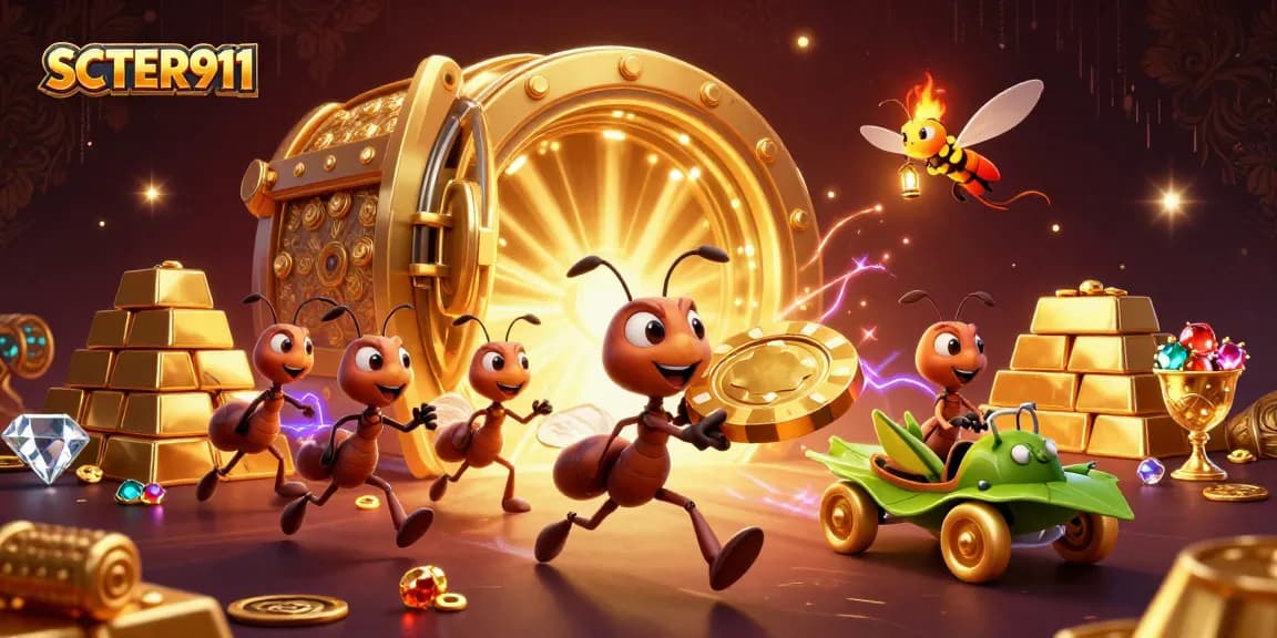 Engage with SCATTER911 as ants conduct a heist for huge poker chips, showcasing vibrant casino elements.