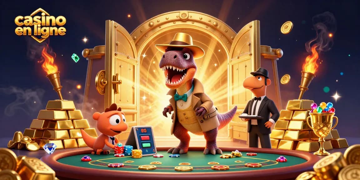 Casino en ligne animé avec un vélociraptor au blackjack entouré de trésors scintillants.