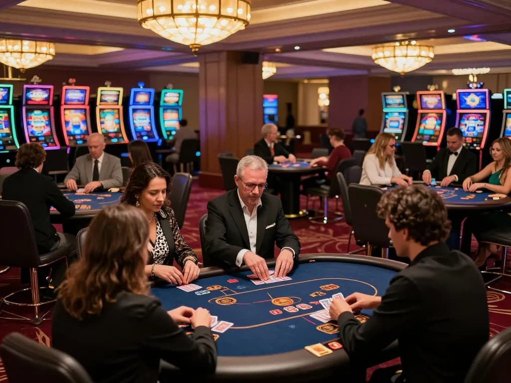 Players enjoy strategic poker games on the elegant mb66 casino floor, highlighting luxury and engagement.