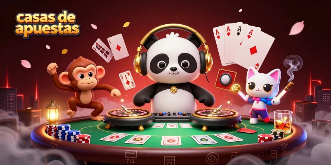 Casas de apuestas: ilustración 3D de un panda DJ y un mono bailando en un ambiente de casino animado.