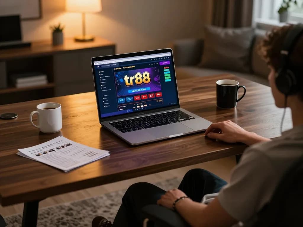 Engaging online gaming scene featuring tr88 interface on a laptop, highlighting strategic gameplay.