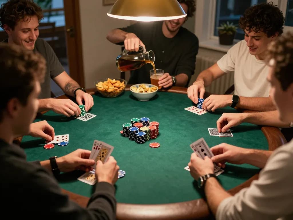 90phut home poker night with friends enjoying a lively game, colorful chips and cozy atmosphere.