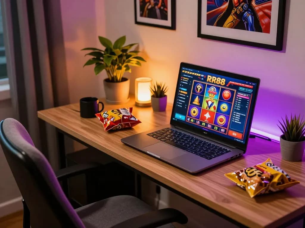 Experience thrilling online gambling with RR88's dynamic casino slots interface on a cozy home setup.