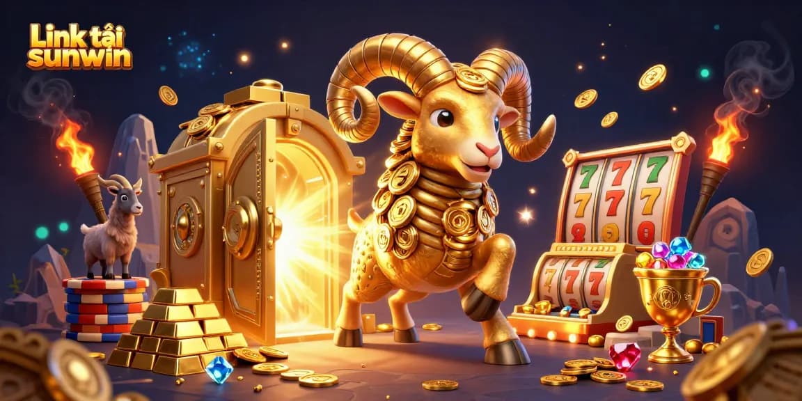 Experience the thrill of Link tải sunwin with a dynamic 3D illustration of a golden ram charging through a treasure vault.