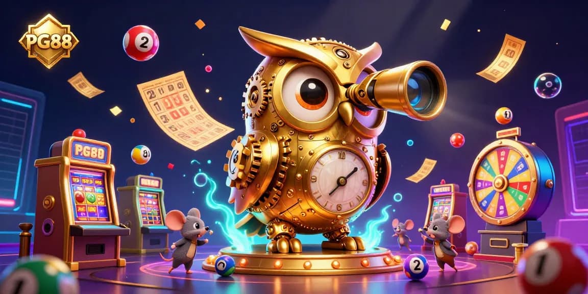Join PG88's lively casino scene with a golden owl scanning slot games, enhancing your gaming experience.