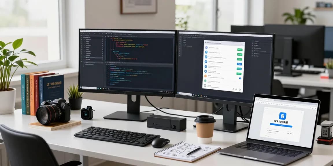 Developer coding while downloading 纸飞机中文版 in a modern tech workspace.