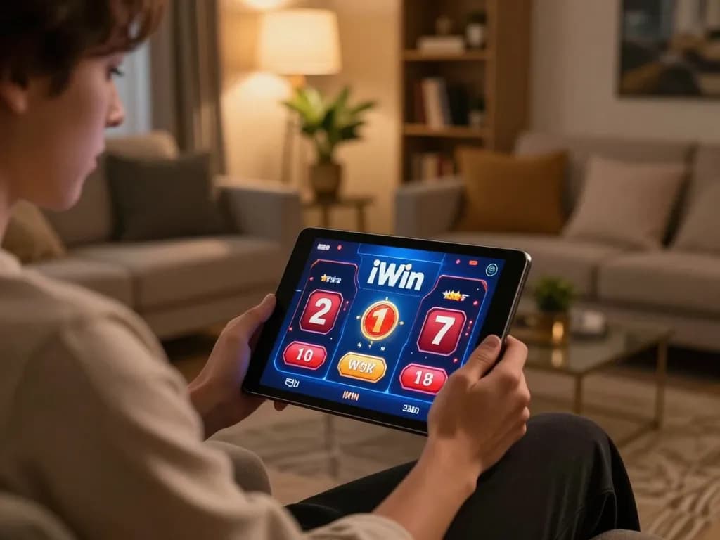 Playing iWin casino games on a tablet in a cozy, stylish home environment.