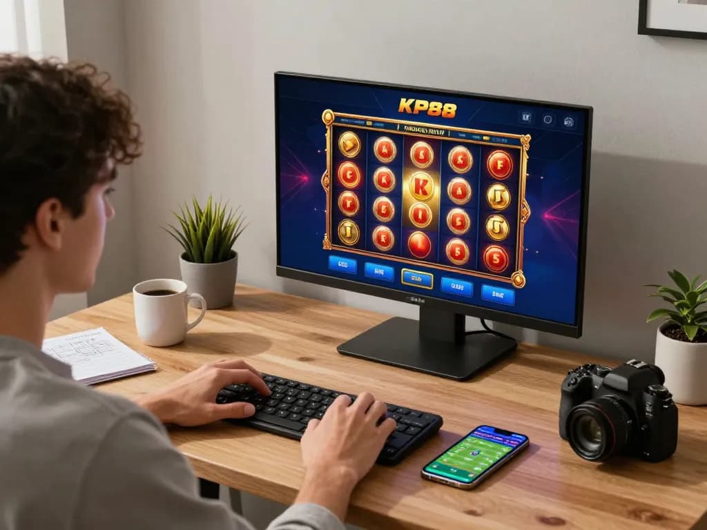 Player engaging with KP88's casino app at home, showcasing online gambling strategies and immersive gameplay.