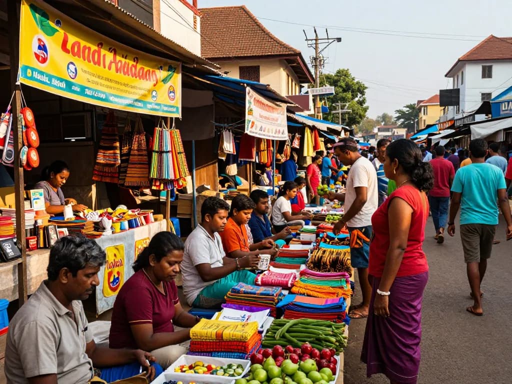 Vibrant street marketplace promoting Lanka Ad with diverse vendors and shoppers in Sri Lanka