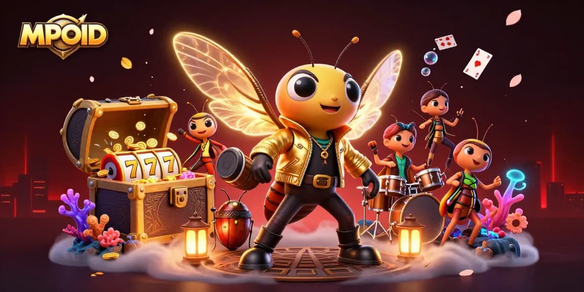 MPOID showcases a vibrant 3D casino scene with rock star characters amidst slot reels and treasures.