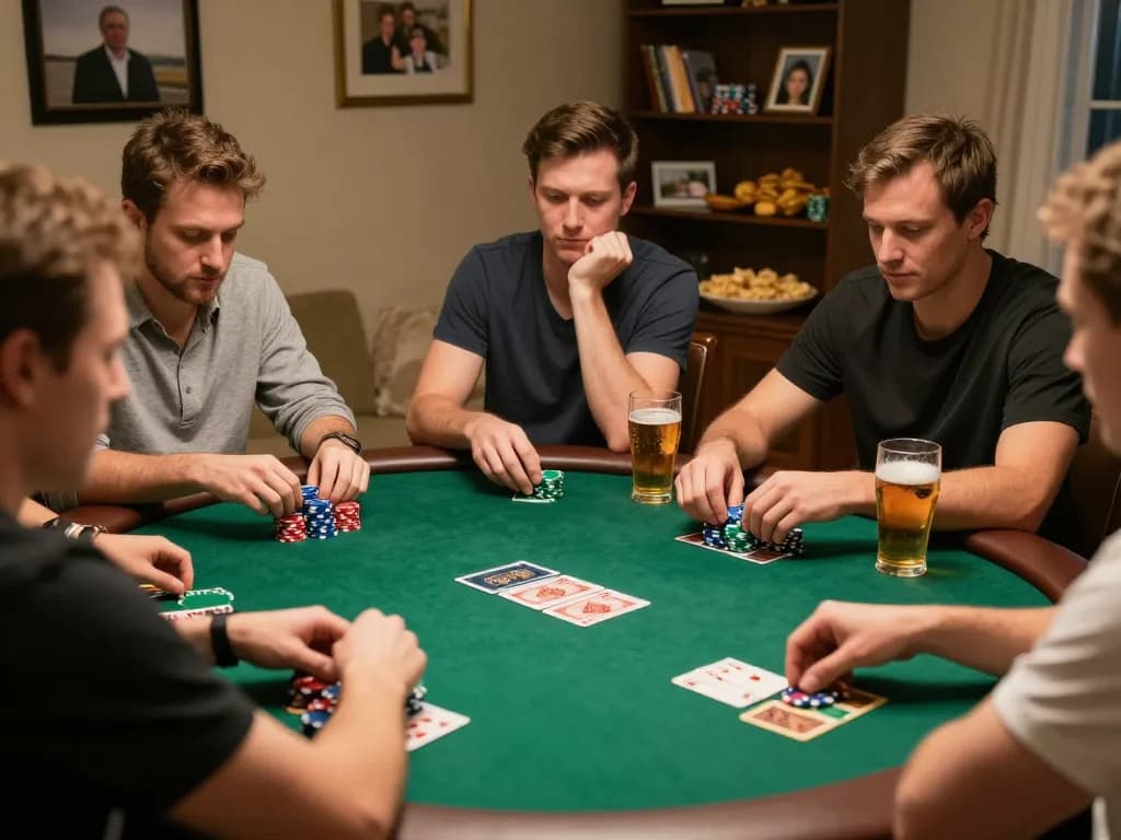 Engaged friends enjoying a poker night at home with uk88-themed chips and cards.