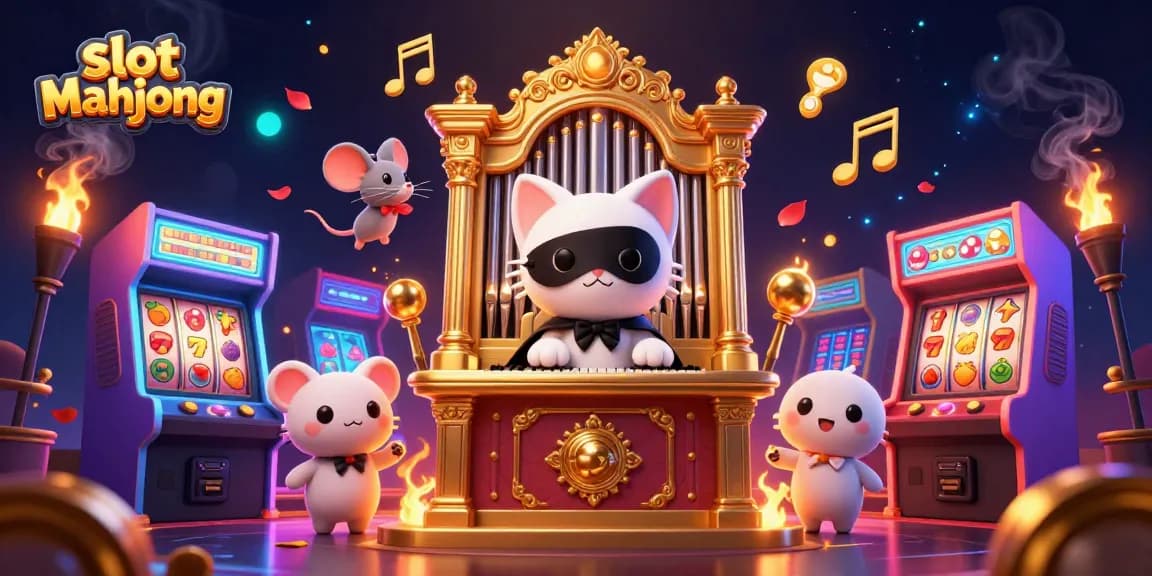 Experience thrilling slot mahjong action with a vibrant casino scene full of games and characters.