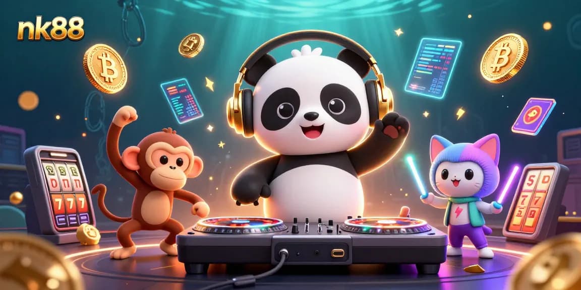 Experience the excitement of nk88 with a dynamic scene of a DJ panda and friends amidst vibrant casino-themed elements.