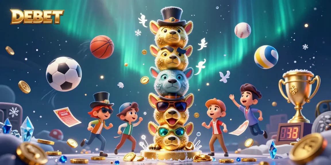 Bet on DEBET's energetic casino scene with animated characters and dynamic sports elements.
