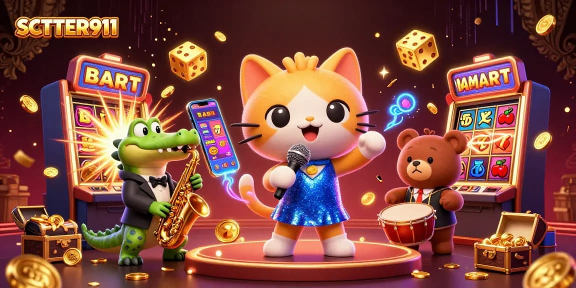 Engage with SCATTER911's vibrant casino scene featuring a jazzy cat, croc, and bear amidst slot machines.
