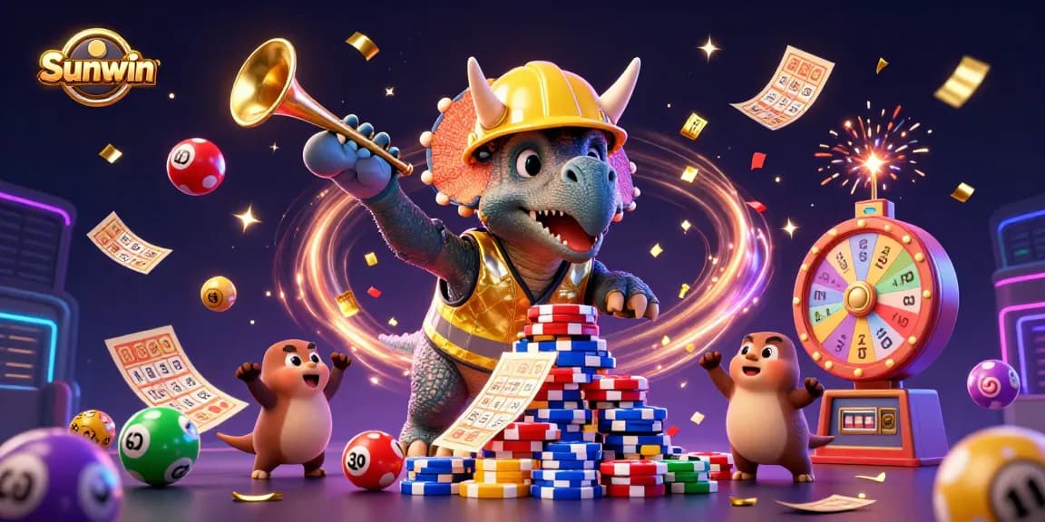 Sunwin showcases a vibrant celebration in this dynamic casino-themed illustration.
