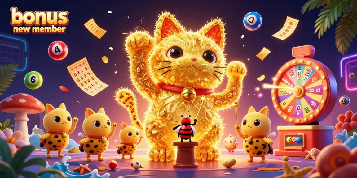 Engage with the bonus new member offer featuring vibrant lottery elements and a lucky cat illustration.