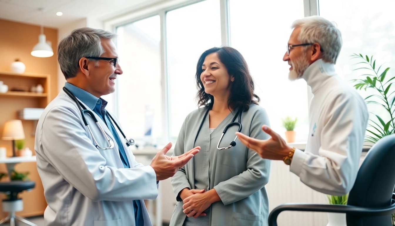 Compassionate private GP discussing health options with a patient in a modern clinic.