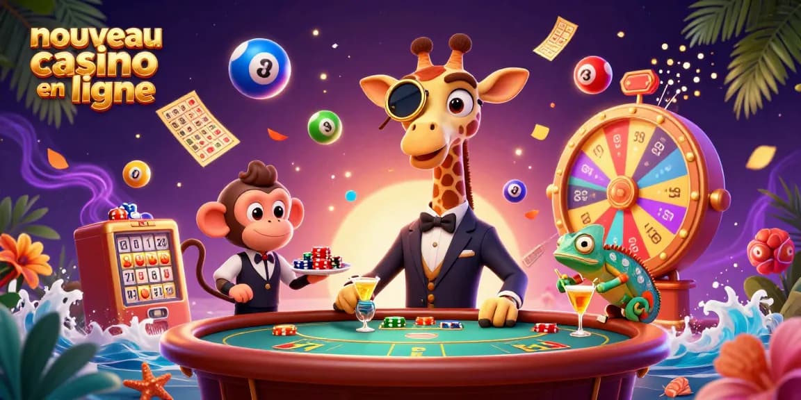 Découvrez le nouveau casino en ligne avec une girafe chic et un singe valet au milieu de balles de loterie.