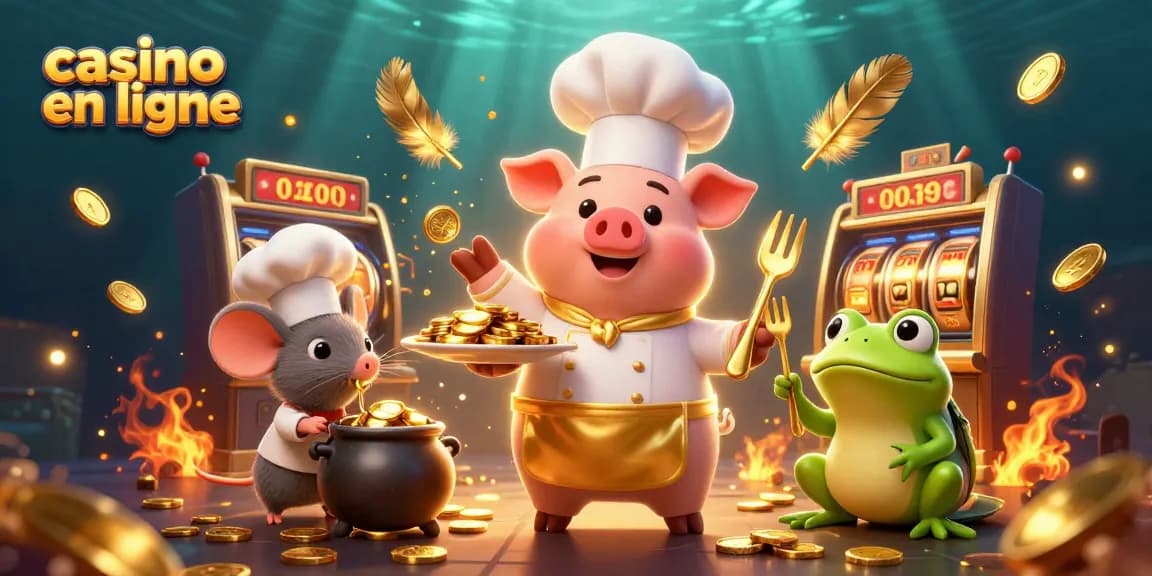 Des jetons d'or et des machines à sous illuminent le casino en ligne artistique animé.