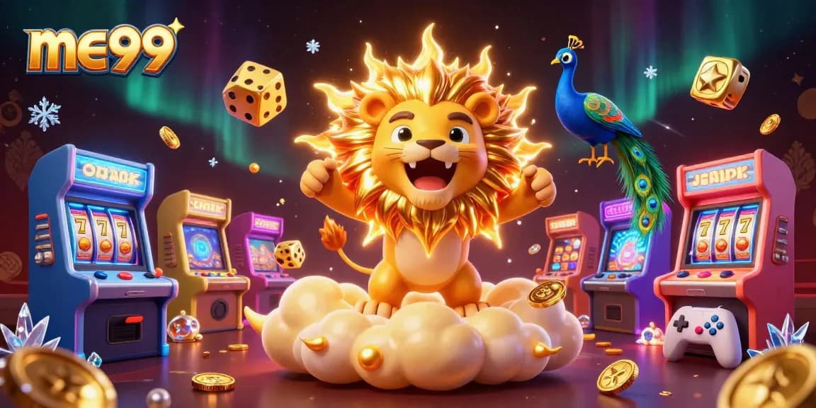 Spin the reels at me99 with a vibrant 3D casino scene featuring golden dice and colorful game elements.