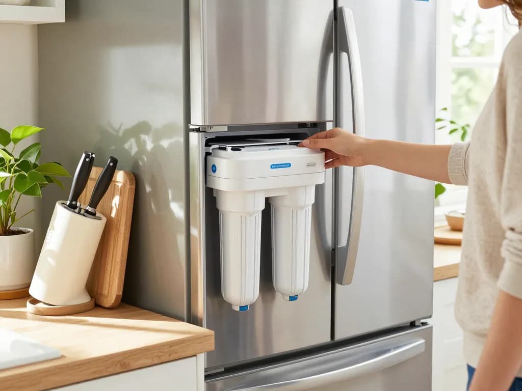 Person installing a Waterspecialist DA29-00003G Refrigerator Water Filter in a bright kitchen.