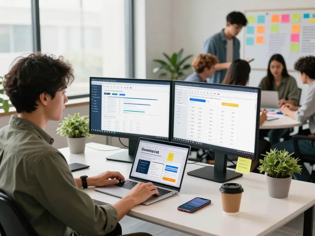 Marketer optimizing meta whitelisted ad accounts rent in modern workspace with dual monitors displaying analytics.