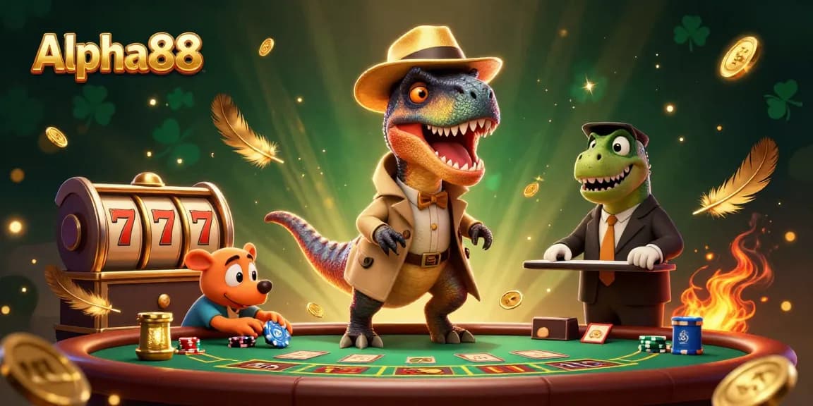 Alpha88 gaming scene featuring a velociraptor at blackjack, surrounded by classic slot elements.