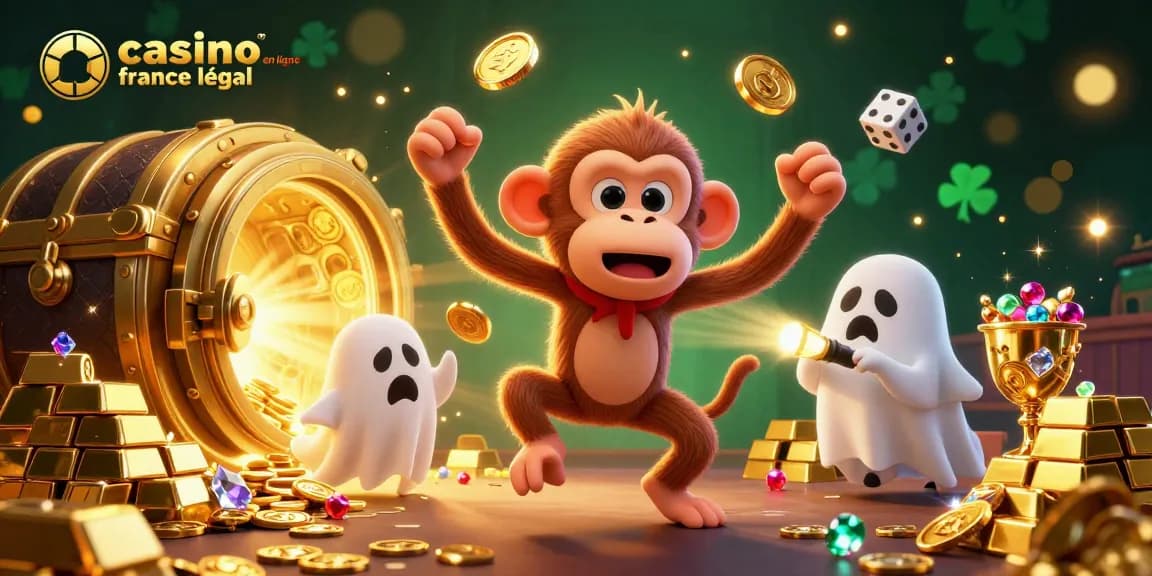 Découvrez les trésors du casino en ligne France légal avec ce singe farceur et son fidèle chiot.