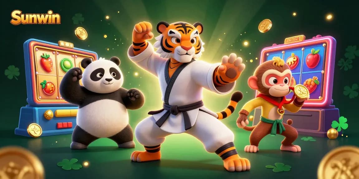 Experience thrilling wins with Sunwin's lively cartoon casino illustration filled with vibrant slot games.