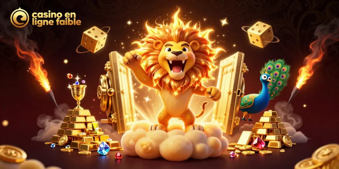 Visiter un casino en ligne fiable avec une ambiance riche, illustré par un lion de soleil et des trésors d'or